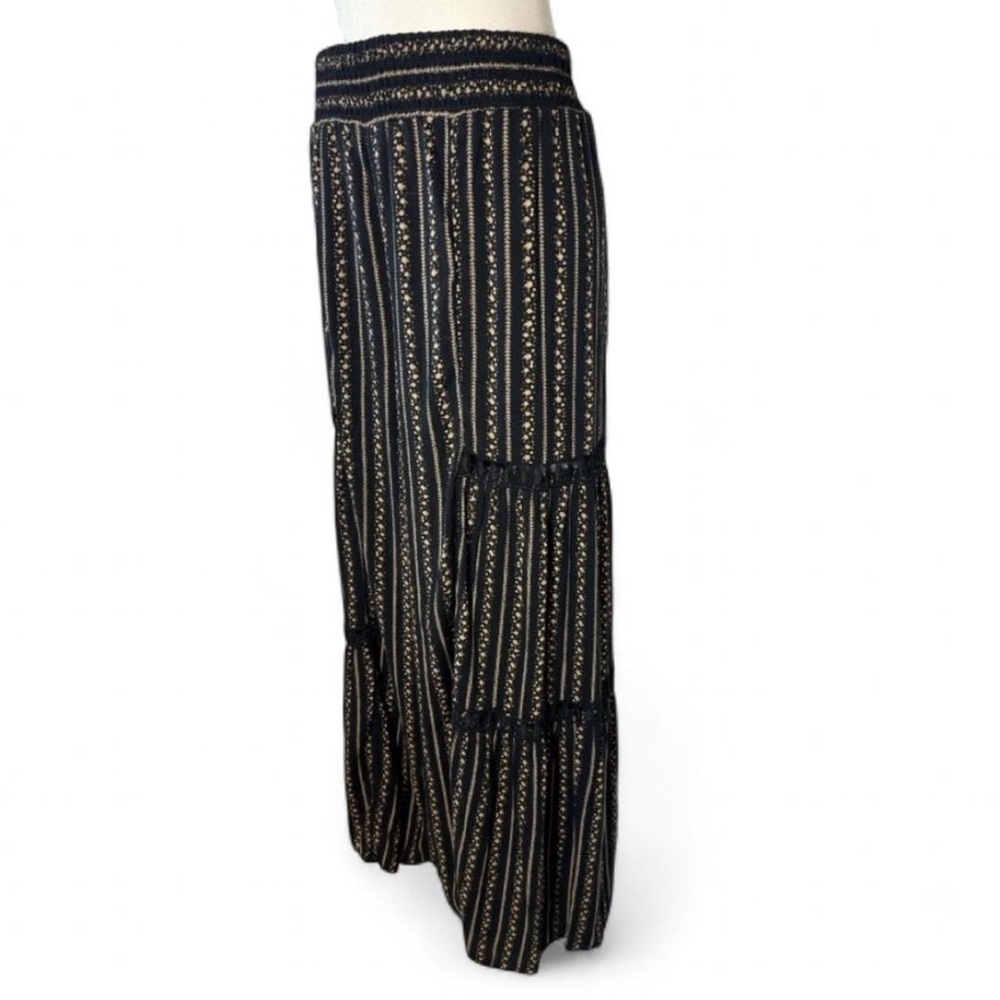 Lovewish Tiered Wide Leg Floral Striped Pants Black Tan Boho Size Small